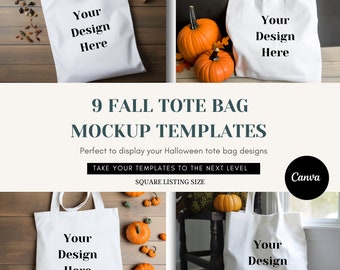 Mockup di borsa tote a sublimazione, Mockup borsa tote autunno autunno, pacchetto tote mockup, Mock up borsa caramella di Halloween, Mock-up borsa tote in tela bianca