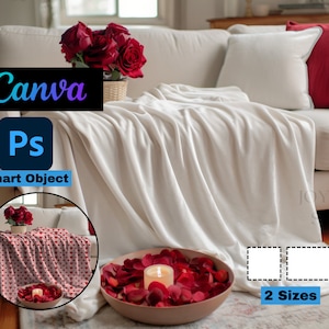 Mother’s Day Velveteen Plush Blanket Mockup | Minky Throw Fleece Blanket Mock-up | PSD Mockups | Canva Drag and Drop | PNG Transparent Roses