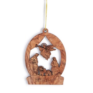 Olive Wood Tree Decoration Angel in Nativity Stable