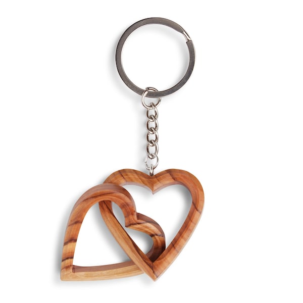 Hand Craved Olive Wood Entwined Hearts Keyring