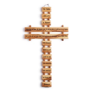 Handmade Olive Wood Hanging Cross Crucifix With Lords Prayer Engraving, Our Father  - various sizes OWC 006