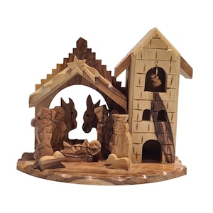 Hand Carved Olive Wood Nativity Scene with Bell Tower - Bethlehem