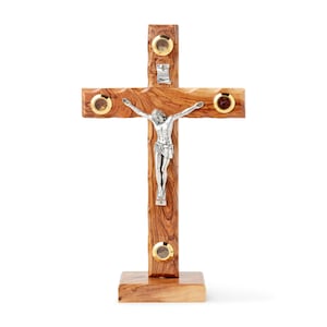 Olive Wood Crucifix Cross On Stand, Holy Soil, Holy Water, Incense And Olive Leaves, Metal Jesus, Made In Bethlehem Various Sizes OWC 025