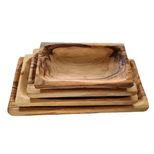 Hand Carved Olive Wood Rectangular Serving Dish Set
