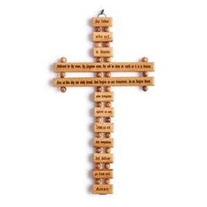Lords Prayer Handmade Olive Wood Hanging Cross Crucifix With Our Father Engraving, Made In Bethlehem, Small OWC 006