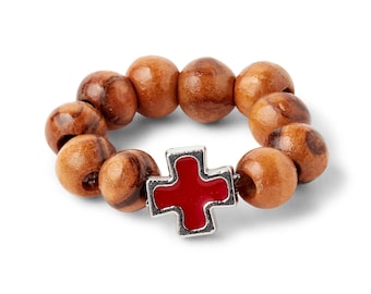 Hand Crafted Olive Wood Bead Finger Rosary Ring with Red Cross