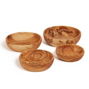Set of 4 Hand Carved Solid Olive Wood Stacking Bowls Serving Dishes