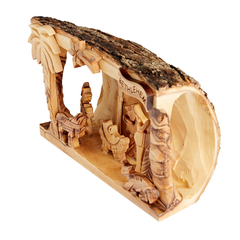Hand Carved Olive Wood Nativity Scene, Log Nativity Set From Bethlehem