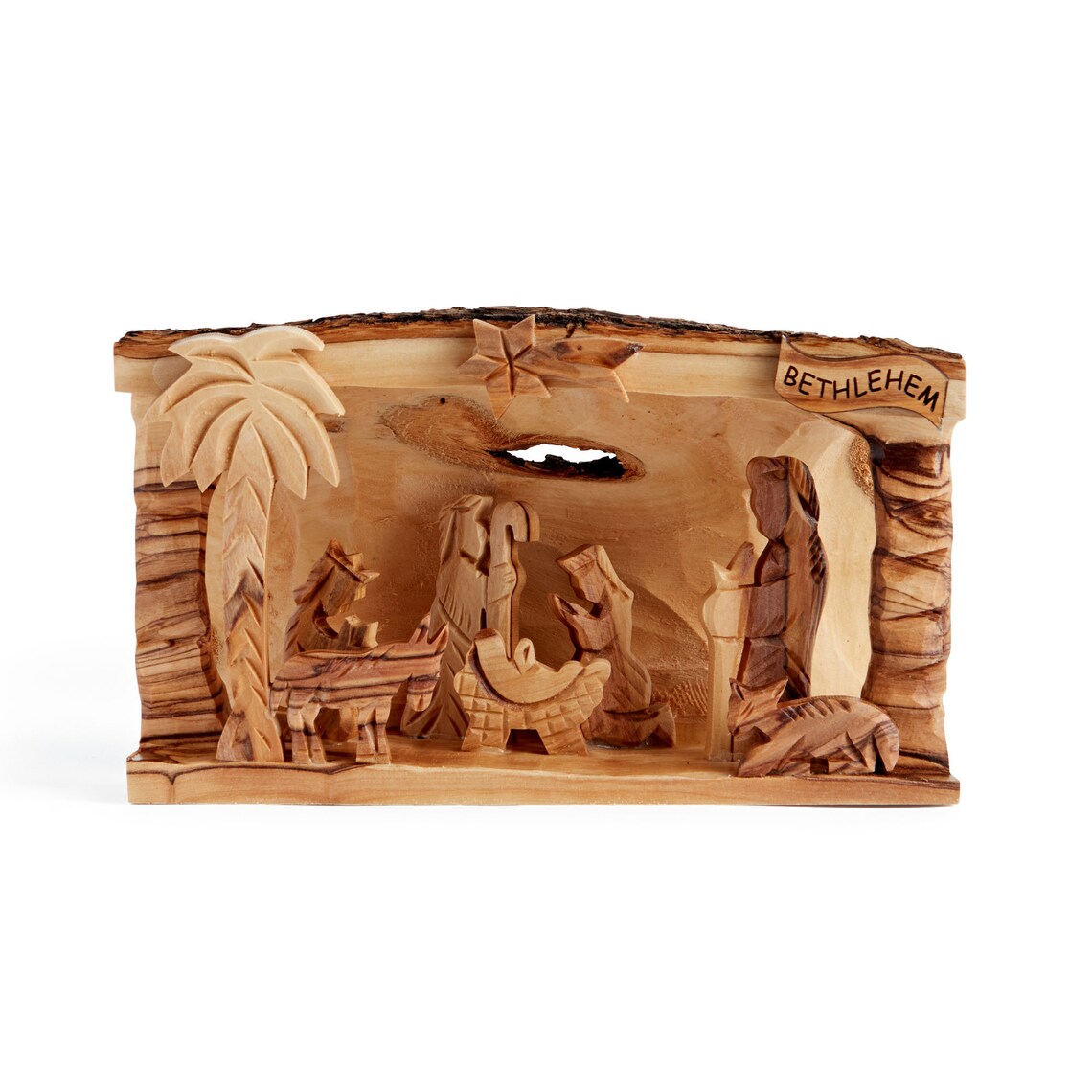Hand Carved Olive Wood Nativity Scene, Log Nativity Set From Bethlehem
