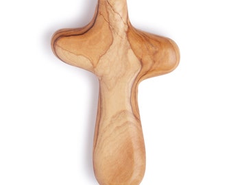 Hand Carved Olive Wood Comfort Cross: Bethlehem Holding Cross