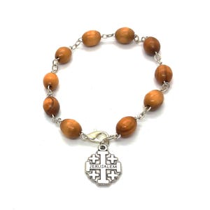 Hand Crafted Olive Wood, Chain & Bead Bracelet with Jerusalem Cross