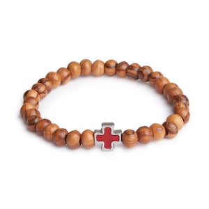 Handmade Olive Wood Bead Bracelet With Silver & Red Cross
