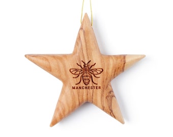 Handmade Olive Wood Manchester Bee Star Decoration Ornament