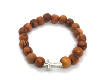Olive Wood Bead Bracelet With Silver Cross