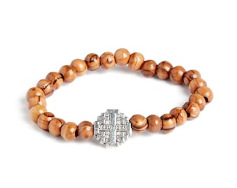 Hand Crafted Olive Wood Bead Bracelet with Silver Jerusalem Cross