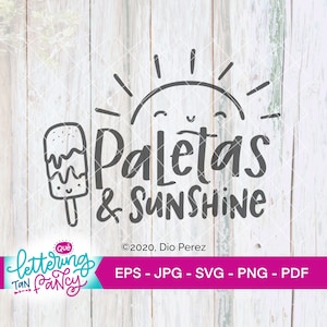 May include: A black and white graphic design featuring a popsicle and a smiling sun with the text "Paletas & Sunshine" and the copyright information "©2020, Dio Perez".