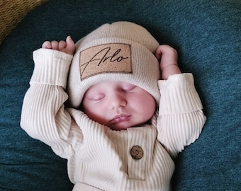 Custom Baby Beanie | Toddler Hat Kids Youth Child Infant Newborn Gift | Name Hat | Engraved Leather Patch | Personalized Baby Gift | Slouchy