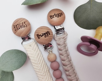 Personalized Pacifier Clip / Macrame Pacifier Clip / Paci Clip / Personalized Baby Gifts / Custom Pacifier Clip / Engraved Wood / Boho Baby