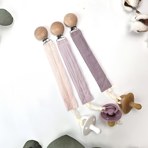 Musselin Schnullerclip / Schnullerclip / Stoffclip / Schnullerclip / Baby Mädchen Geschenke / Schnullerclip individuell / Holzclip / Boho-Kindergarten