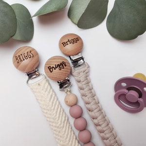 Personalized Pacifier Clip / Silicone Pacifier Clip / Macrame Paci Clip / Personalized Baby Gifts / Custom Pacifier Clip / Engraved Wood image 2