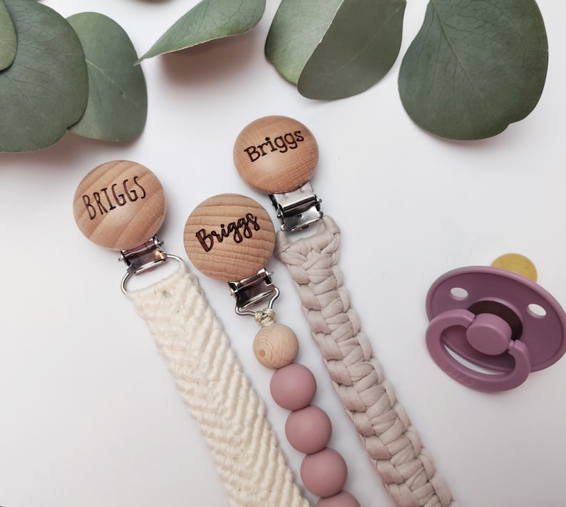 Personalized Pacifier Clip / Silicone Pacifier Clip / Macrame Paci Clip / Personalized Baby Gifts / Custom Pacifier Clip / Engraved Wood image 2