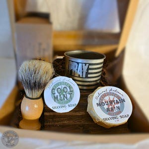 Shaving Gift Set: Natural Shaving Brush, Soap Pucks, Walnut Dish & Mug