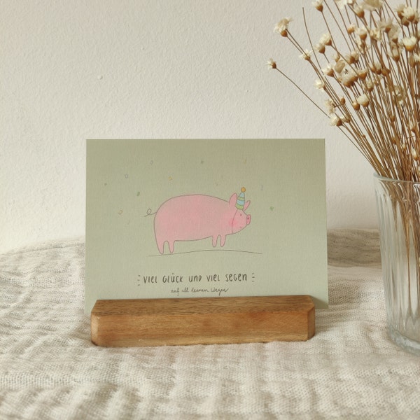 Geburtstagskarte Schweinchen Viel Glück und viel Segen Konfetti Hut zum Geburtstag