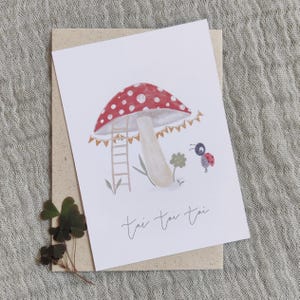 Karte Toi Toi Toi viel Glück Erfolg Prüfung Abschluss Glücksbringer Glückspilz Fliegenpilz Marienkäfer Kleeblatt Aquarell