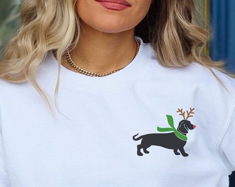 Dachshund Pocket Christmas Sweatshirt, Dachshund Lover Gift, Wiener Dog Holiday Gift, Doxie Mom Gift