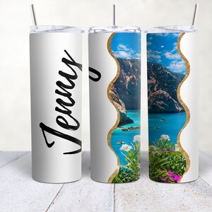 Nome personalizzato, spiaggia paesaggio costiero dritto affusolato PNG carta strappata 20oz Skinny Tumbler Wrap download digitale Wrap