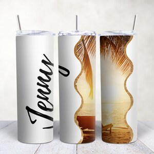 Spiaggia Tramonto PNG Carta strappata Nome personalizzato 20oz Skinny Tumbler Wrap, Design Tumbler dritto, Tumbler conico Wrap Download digitale