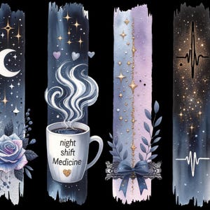 Pinselstrich Nachtschicht Medizin, blaue Rose digitale Kunst, himmlisches Lesezeichen, Sternenhimmel druckbar, Krankenschwester Geschenk, Mond und Sterne druckbar