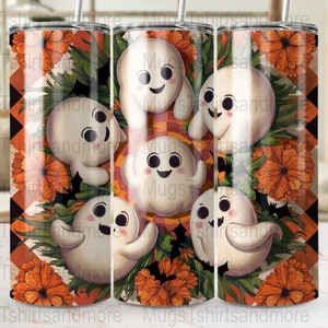 Halloween Ghosts with Flowers Tumbler Wrap, 20oz Skinny Tumbler PNG, Cute Ghost Design for Halloween, Commercial Use