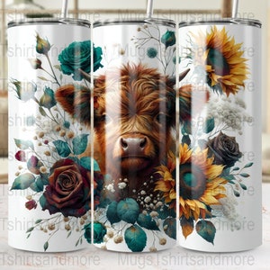 Highland Cow Floral Tumbler Wrap, Sunflower Cow PNG, 20oz Skinny Tumbler Design, Rustic Farmhouse, Digital Download Straight Tapered