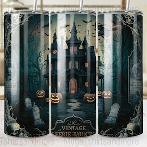 Vintage Halloween Tumbler Wrap, Haunted House with Pumpkins, 20oz Tumbler Digital Download, Spooky Graveyard Scene, PNG