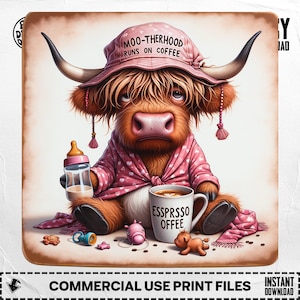 Highland Cow Coffee PNG: Moo-Therhood Digital Download (4096x4096px, 300 DPI)