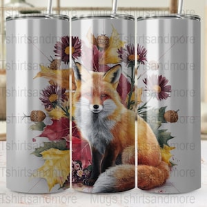 Fox Autumn Floral 20oz Skinny Tumbler Wrap, Digital Download, Fall Animal Tumbler Design, Straight and Tapered PNG