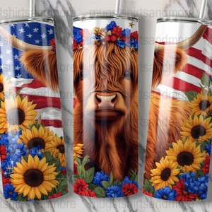 Highland Cow Skinny Tumbler Wrap PNG, Patriotic Sunflower Design, 20oz Straight and Tapered, Digital Download, Commercial Use