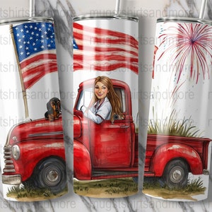 Vintage Patriotic Truck Tumbler Wrap, Straight Tapered Skinny 20oz Design, Digital Download PNG, Commercial Use, USA Flag Fireworks