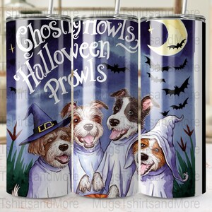 Envoltura para vaso con aullidos fantasmales de Halloween, lindos perros fantasmas, vaso delgado de 20 oz, perros fantasmas de Halloween PNG, diseño de cachorro espeluznante