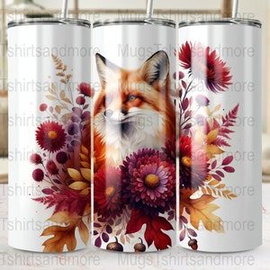 Autumn Fox Digital Tumbler Wrap, 20oz Skinny Tumbler, Floral Fox Wrap, Fall Tumbler Design, PNG Instant Download
