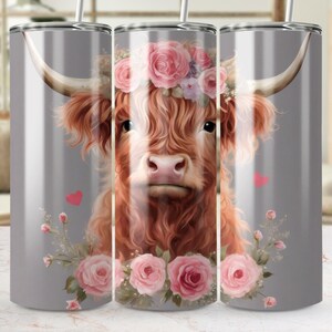 Highland Cow Floral Digital Illustration, 20 oz Skinny Tumbler Wrap, Commercial Use, PNG, Cute Cow with Flower Crown