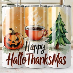 Happy Hallothanksmas Straight Tapered PNG 20oz Skinny Tumbler Wrap Commercial Use, Festive Holiday Tumbler Design, Seasonal Coffee Pumpkin