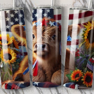 Highland Cow Tumbler Wrap PNG, 20oz Skinny Tumbler Digital Design, Cow and Sunflower Sublimation, Patriotic Tumbler Wrap