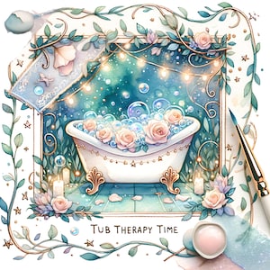 Spa Bathroom ClipArt, Relaxing Bath Time  PNG Decor, Floral Bubble Bath Digital Download Print, Self Care Wall Art Bathtub Illustration