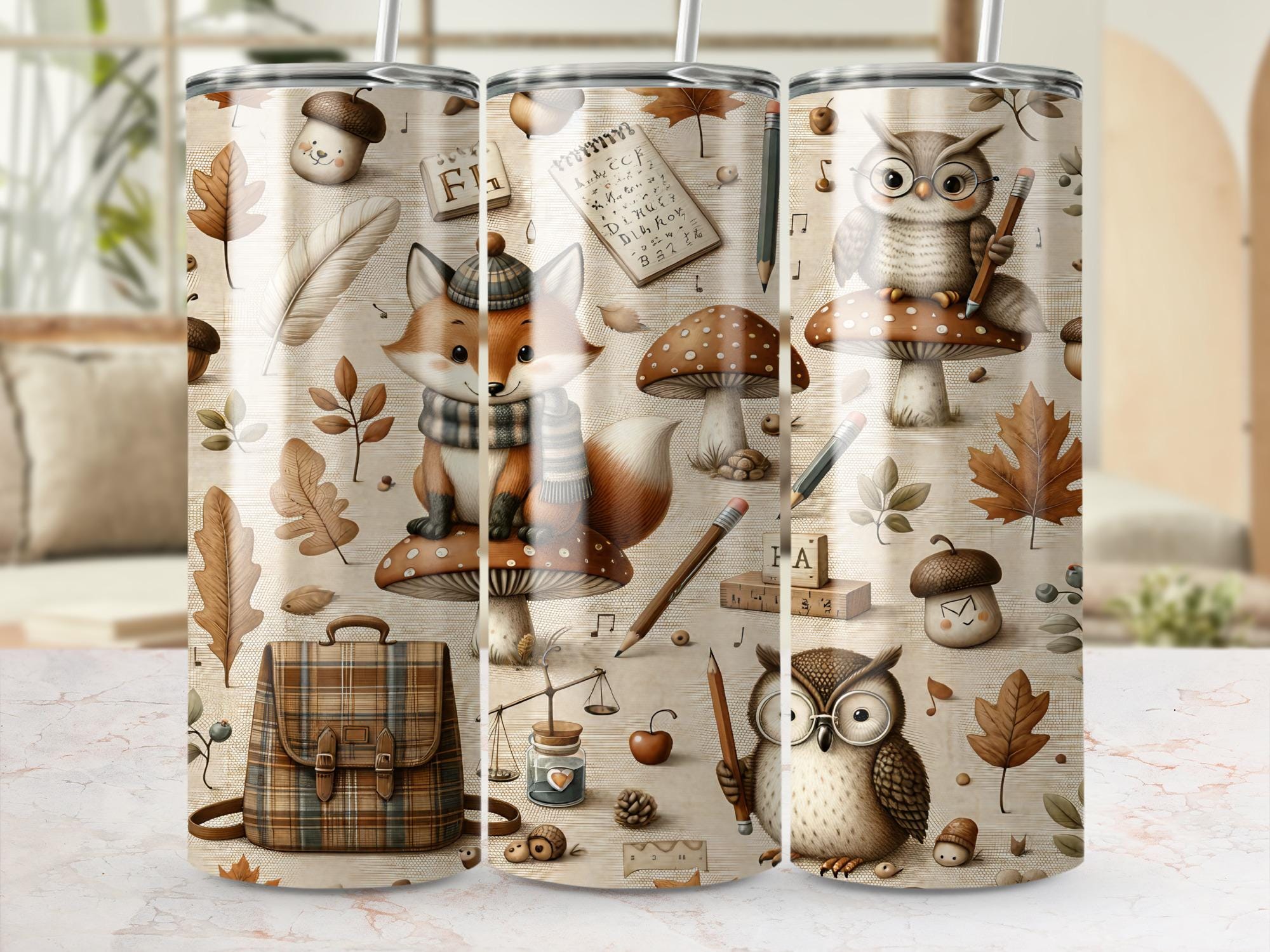 Autumn Animals Tumbler Design: Fox, Owl, Acorn - 20oz Skinny Tumbler (PNG Digital Download