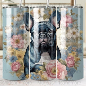 French Bulldog Floral Skinny Tumbler Wrap, PNG 20oz Digital Design, Cute Dog Flower Wrap, Sublimation, Digital Download
