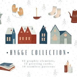 Pacchetto clipart Hygge natalizio nordico, casette, adesivi accoglienti, cartoline e modelli per un regalo di Natale unico