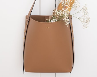 Tobacco Brown Genuine Leather Large Bucket Tote - Shoulder or Crossbody Strap (Comes w/ 2) - Minimal & Modern (USA Seller) AA1-010-02