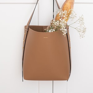 Tobacco Brown Genuine Leather Large Bucket Tote - Shoulder or Crossbody Strap (Comes w/ 2) - Minimal & Modern (USA Seller) AA1-010-02
